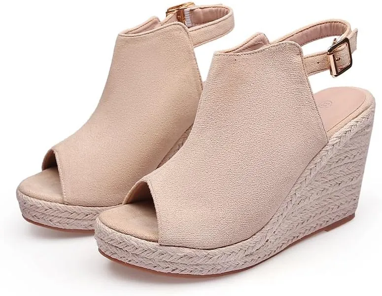 Women's large-sized thick-soled fish-mouth sandals with anti-slip straw woven hemp rope soles and one-button suede finish