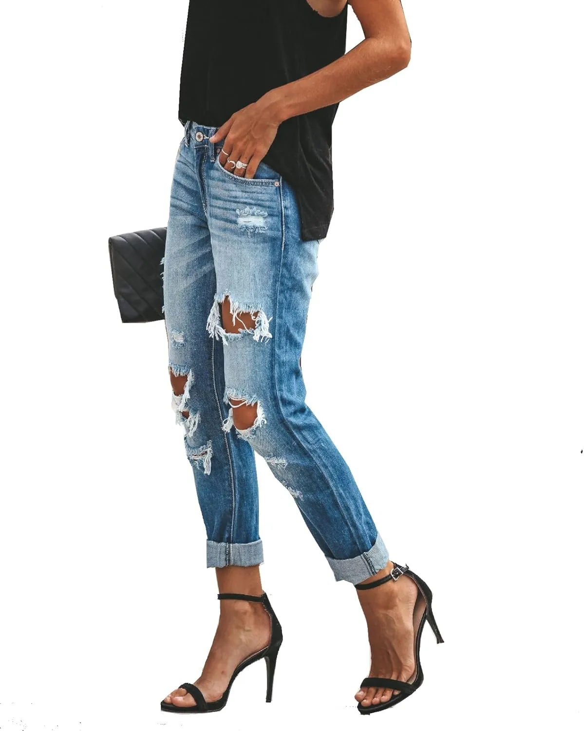 Women's Ripped Mid Waisted Boyfriend Jeans Loose Fit Distressed NO Stretchy Denim Pants