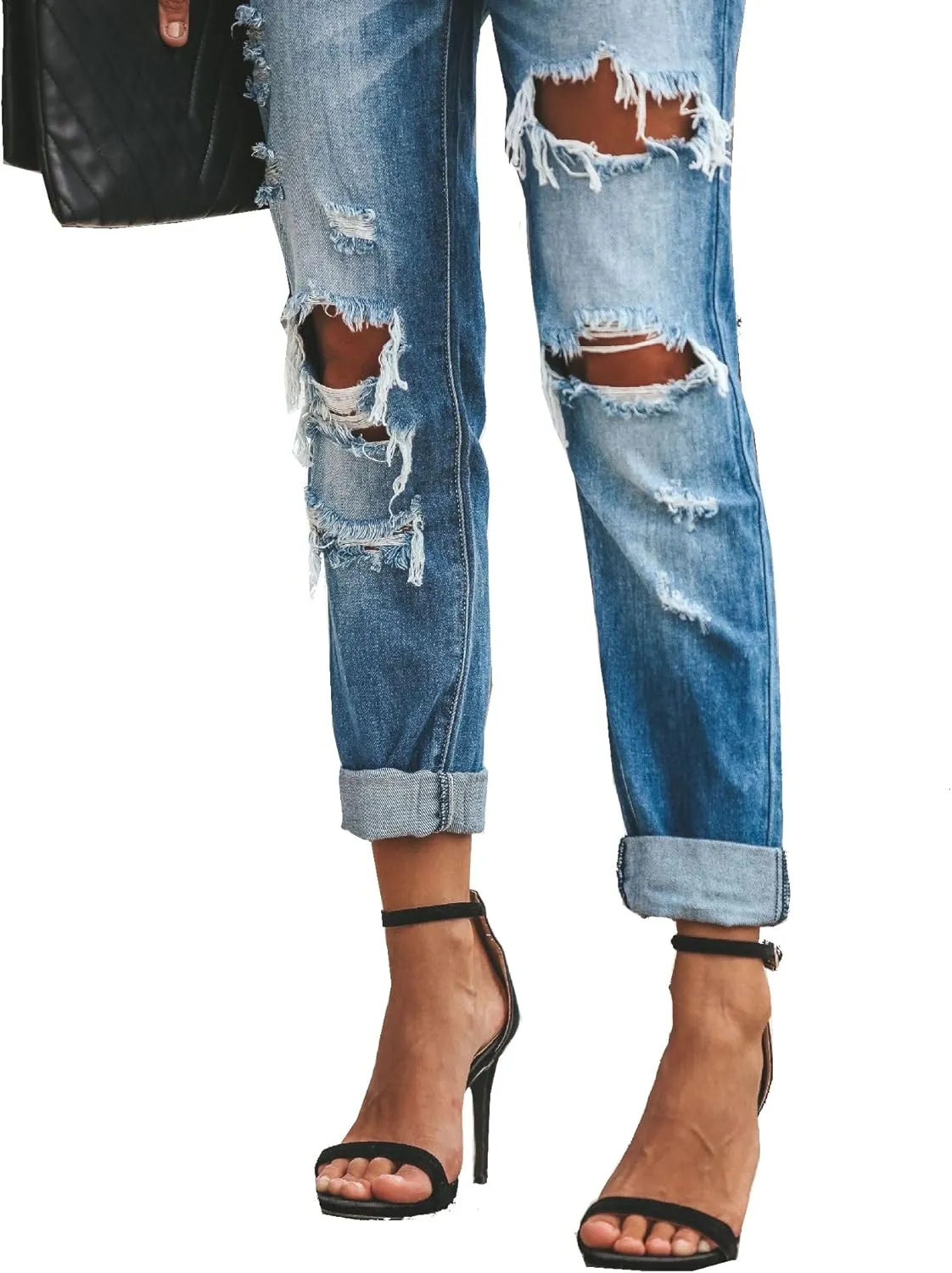 Women's Ripped Mid Waisted Boyfriend Jeans Loose Fit Distressed NO Stretchy Denim Pants