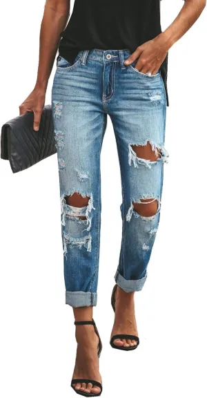 Women's Ripped Mid Waisted Boyfriend Jeans Loose Fit Distressed NO Stretchy Denim Pants