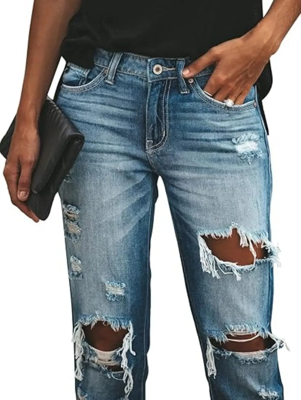 Women's Ripped Mid Waisted Boyfriend Jeans Loose Fit Distressed NO Stretchy Denim Pants