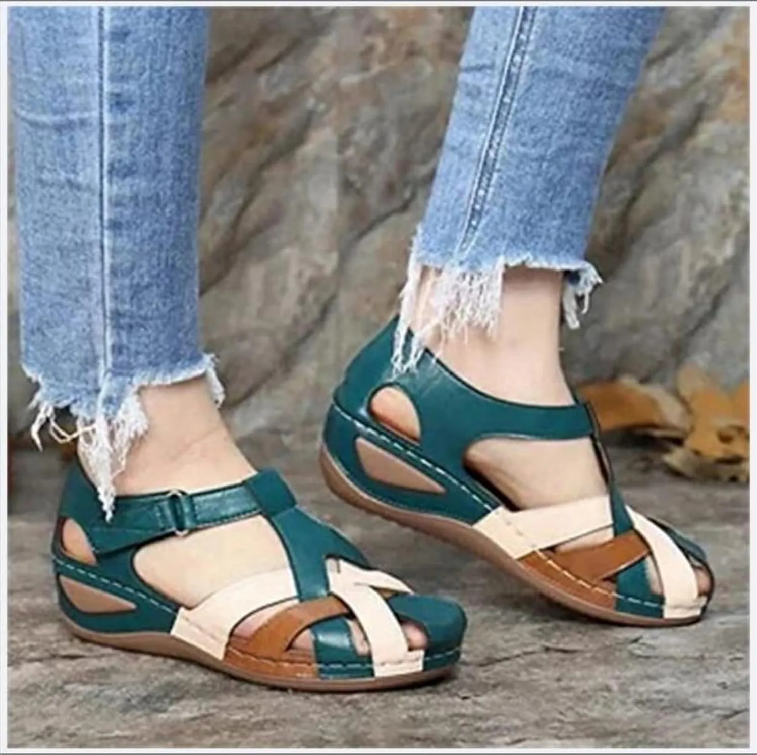 Womens Wedge Flip Flops Sandals with Arch Support Summer Comfortable Platform Closed Toe Sandals Summer Hollow Out Hook and Loop Gladiator Outdoor Shoes