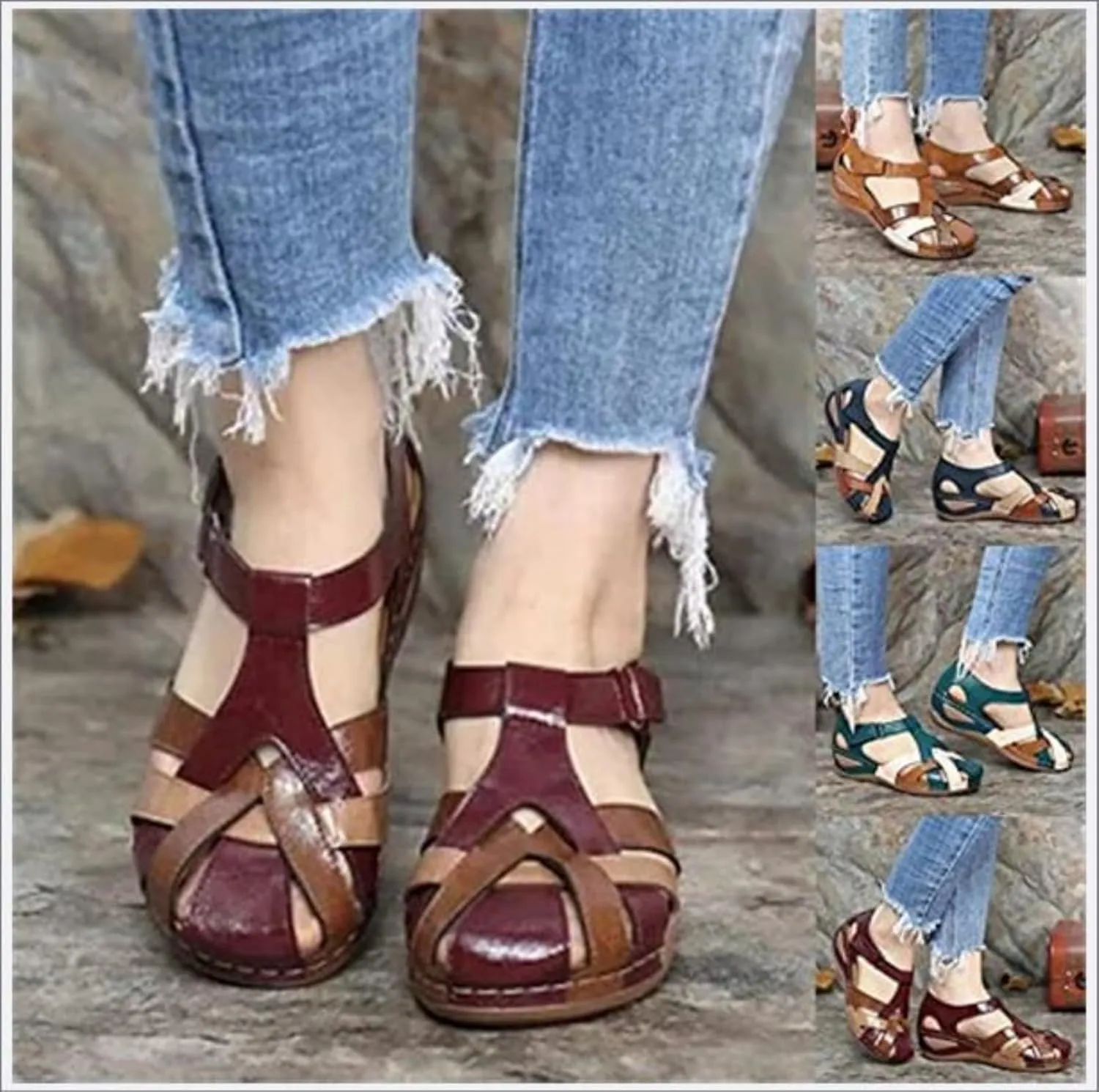 Womens Wedge Flip Flops Sandals with Arch Support Summer Comfortable Platform Closed Toe Sandals Summer Hollow Out Hook and Loop Gladiator Outdoor Shoes