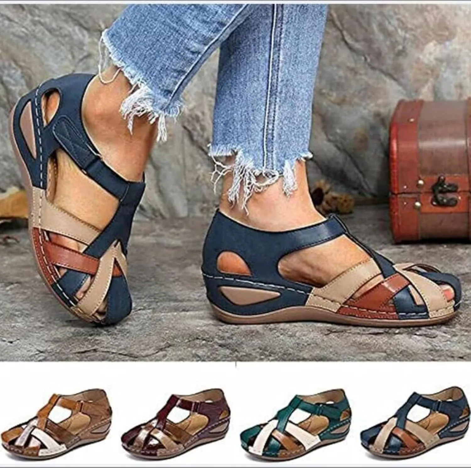 Womens Wedge Flip Flops Sandals with Arch Support Summer Comfortable Platform Closed Toe Sandals Summer Hollow Out Hook and Loop Gladiator Outdoor Shoes