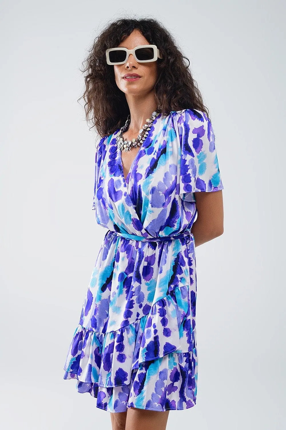 Wrap Short Dress In Blue And Purple Tie-Dye