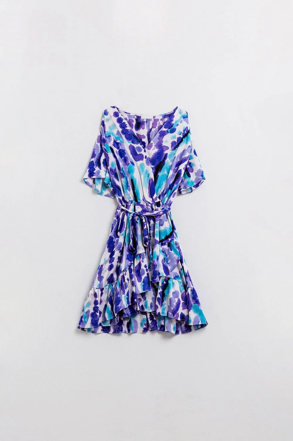 Wrap Short Dress In Blue And Purple Tie-Dye
