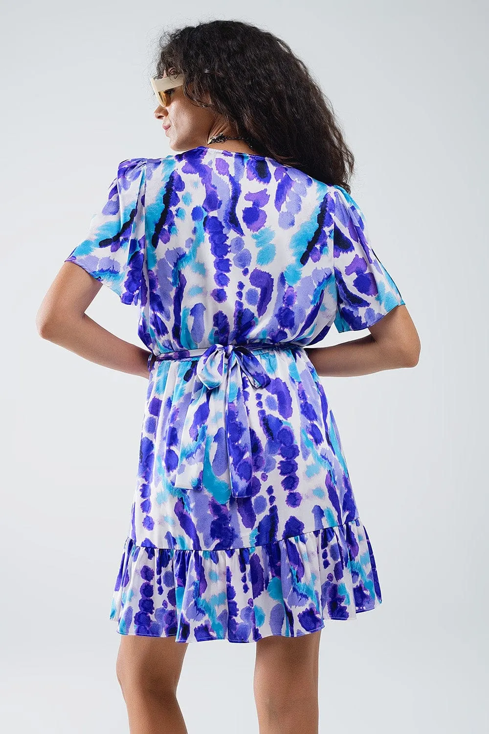 Wrap Short Dress In Blue And Purple Tie-Dye