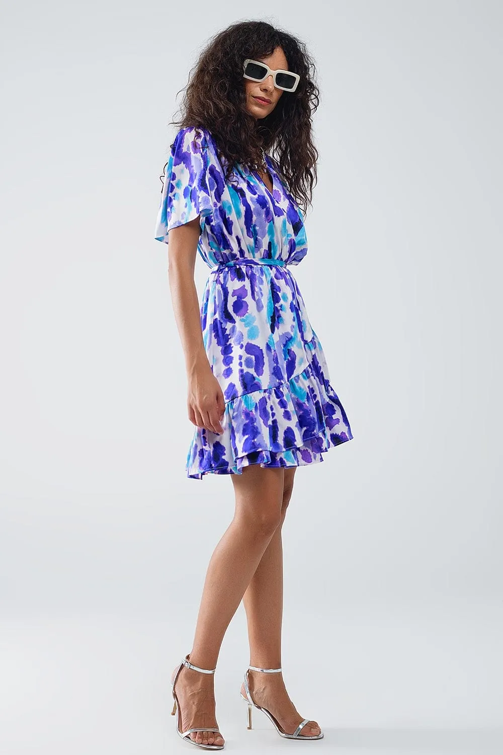 Wrap Short Dress In Blue And Purple Tie-Dye