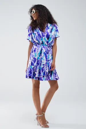 Wrap Short Dress In Blue And Purple Tie-Dye